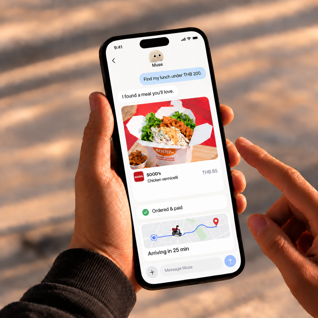 AI-commerce vision with a Muse-inspired interface: a personal assistant matches a SOOD’s meal, confirms payment, and tracks delivery beside a takeaway noodle bowl