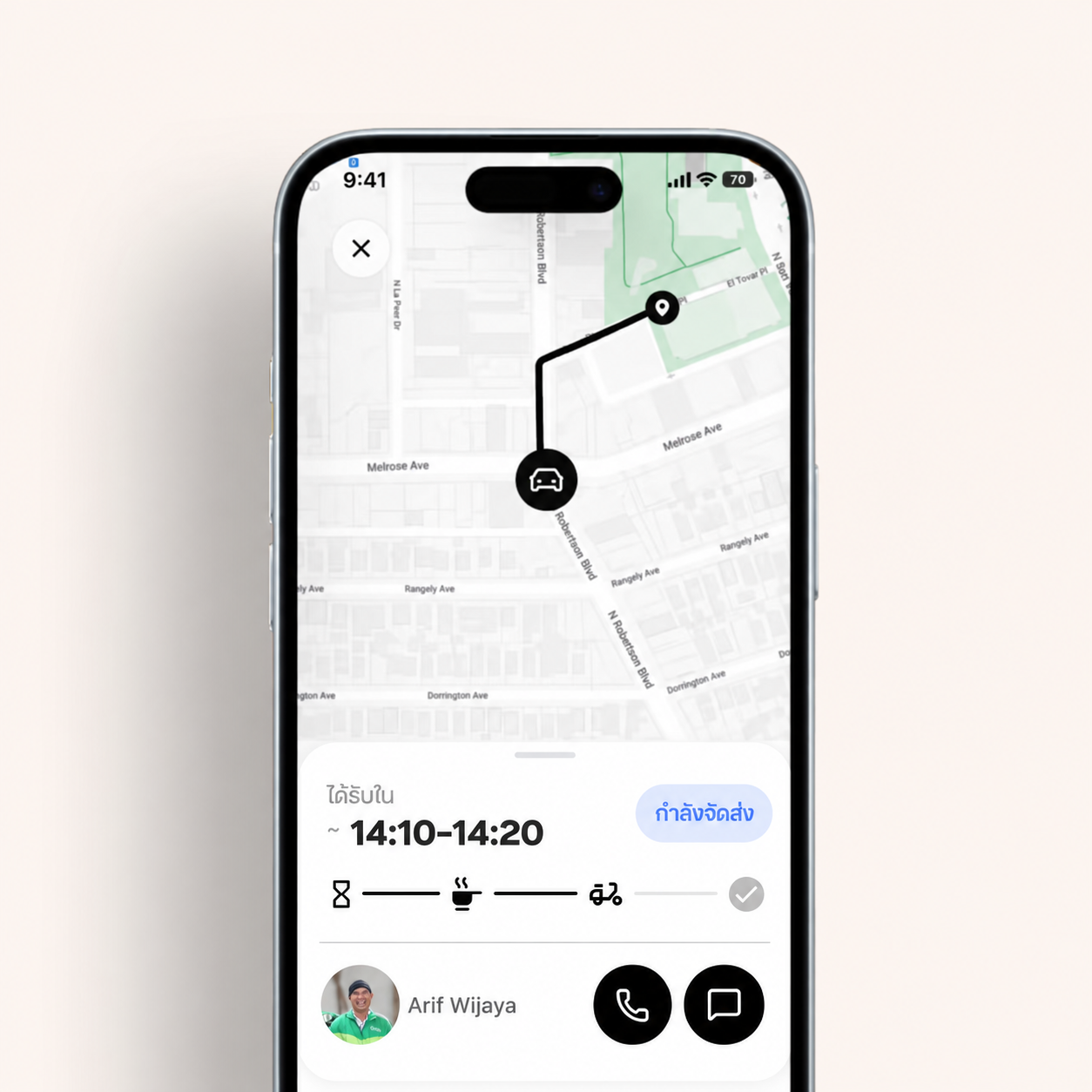 Delivery route with Thai arrival time, order progress, and driver contact controls